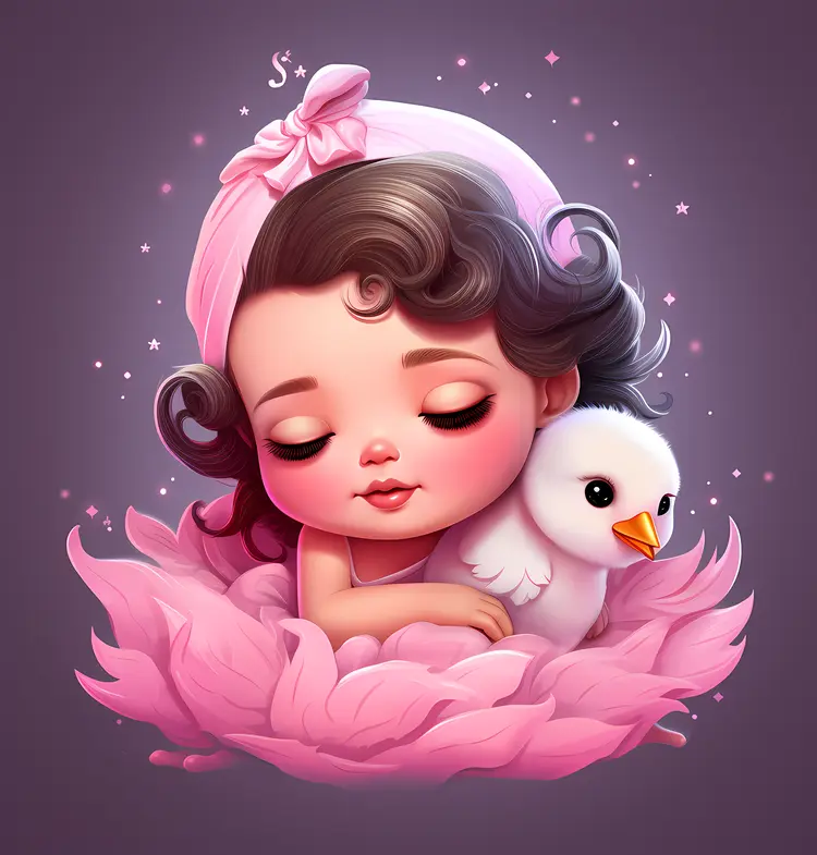 Sleeping Baby with a White Bird and Pink Nest