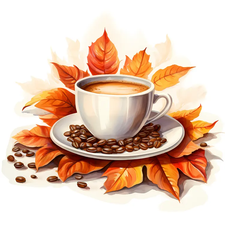 Coffee Cup with Beans and Autumn Leaves