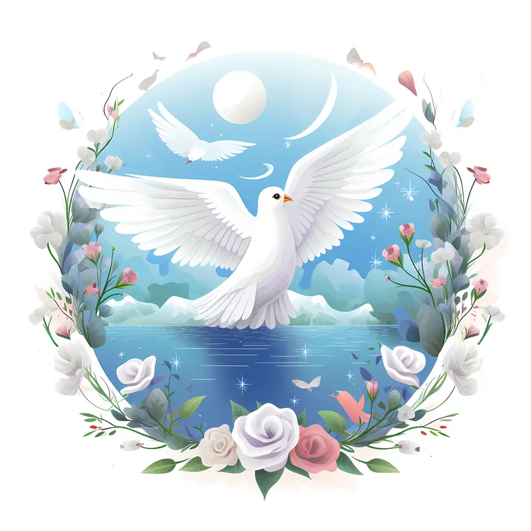 White Dove by the Lake with Flowers