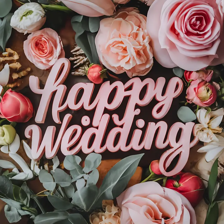 Happy Wedding Text with Roses