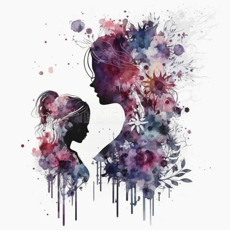 Beautiful Silhouette of Mother and Child in Watercolor