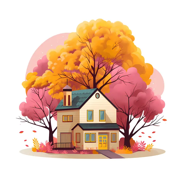 Small Cute Doodle House with Autumn Trees
