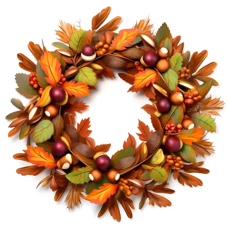 Colorful Autumn Wreath with Leaves and Acorns