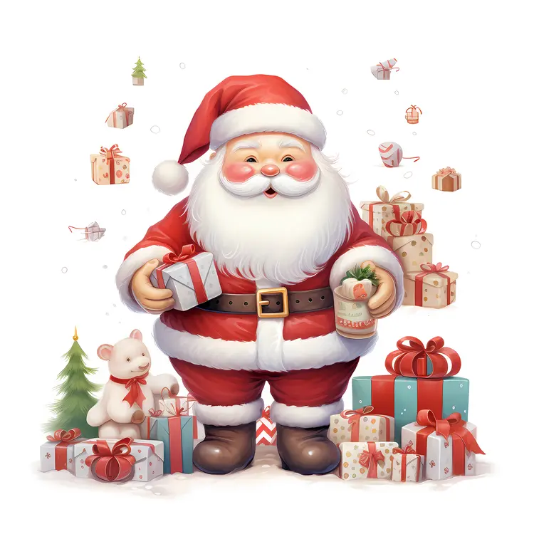 Santa Claus with Gifts and a Christmas Tree