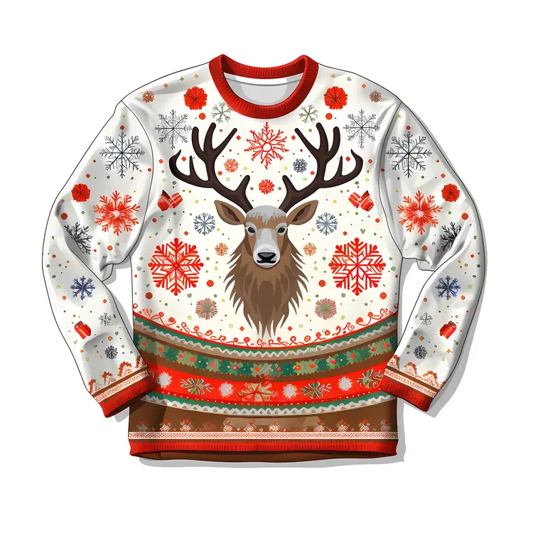 Festive Christmas Sweater with Reindeer and Snowflakes