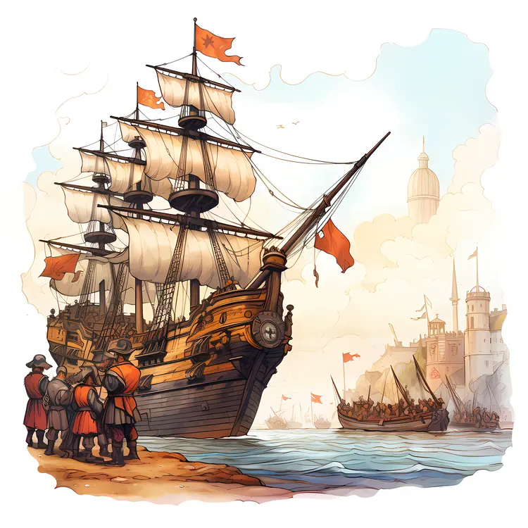 Sailing Ship Arriving at Port