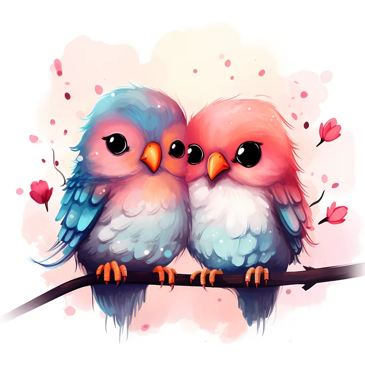 Cute Birds on a Branch with Hearts