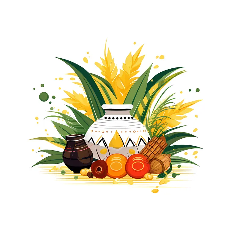 Traditional Pot with Fruits and Leaves for Harvest Festival Celebration