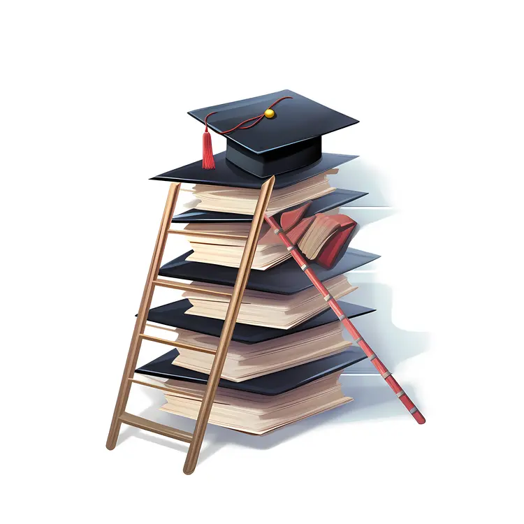 Graduation Cap on Stack of Books with Ladder