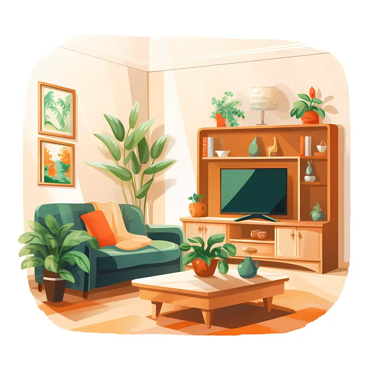 Cozy Living Room with Plants and Decorations
