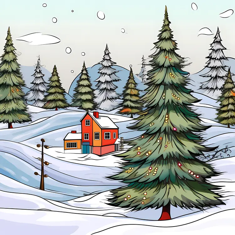 Snowy Forest with Red Cabin