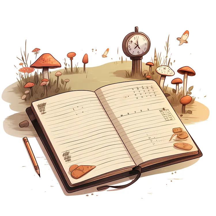 Notebook with Pencil and Clock in Nature