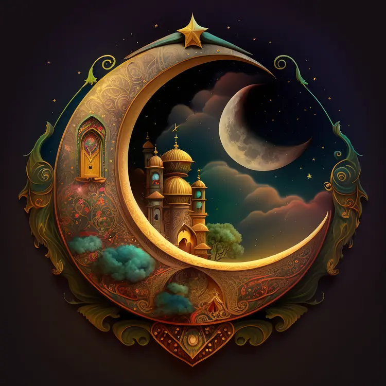 Ornate Crescent Moon with Mosque for Ramadan