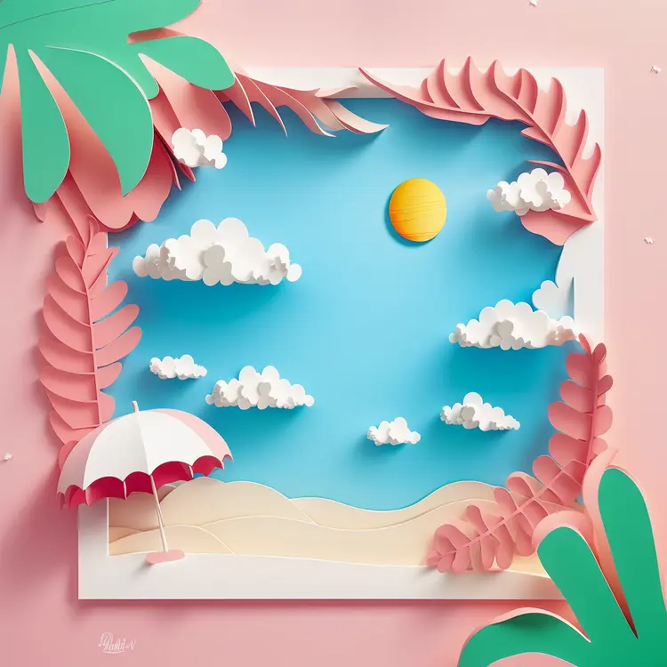 Tropical Beach Scene with Umbrella and Sun
