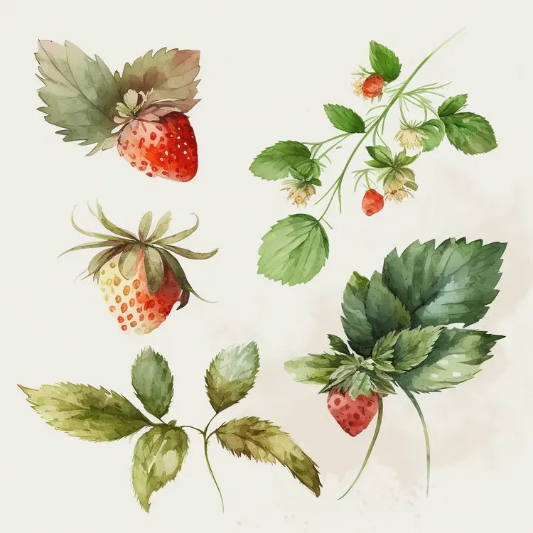 Watercolor Strawberry Illustrations with Leaves and Flowers