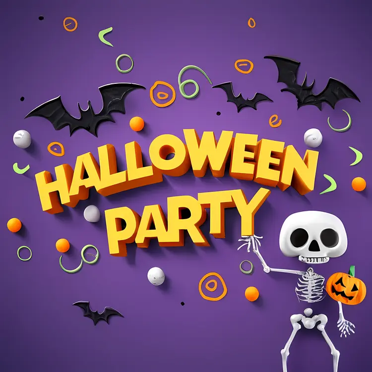 Halloween Party with Skeleton and Bats