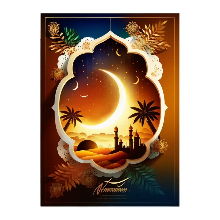 Crescent Moon and Mosque in Desert Night Sky for Ramadan