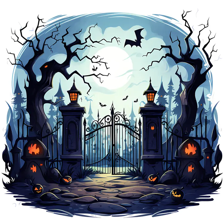 Spooky Gate with Halloween Pumpkins