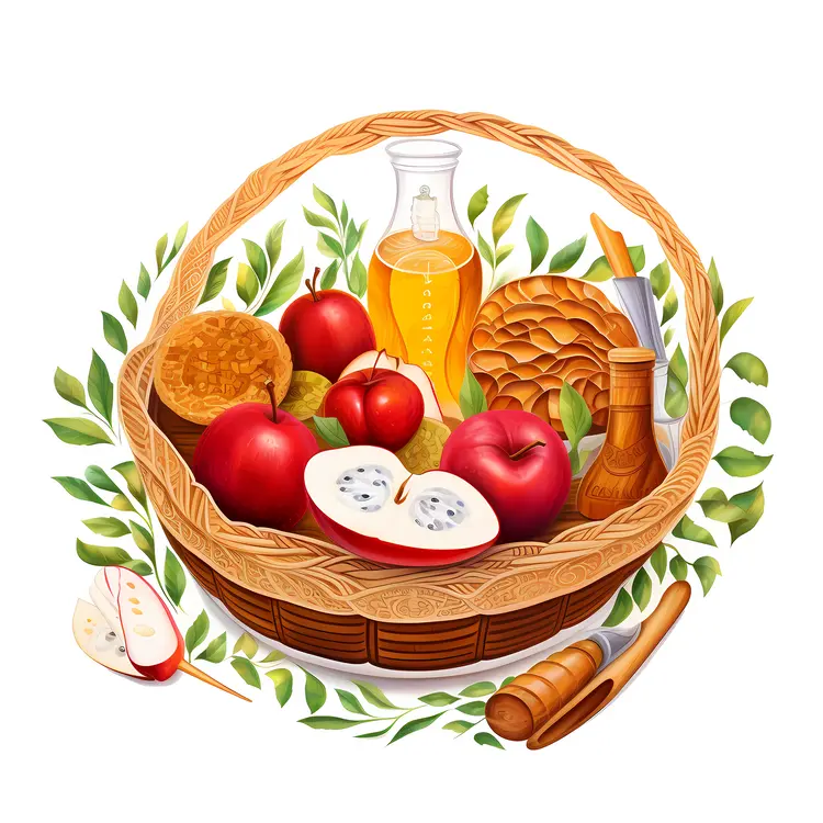 Basket with Apples and Honey for Thanksgiving