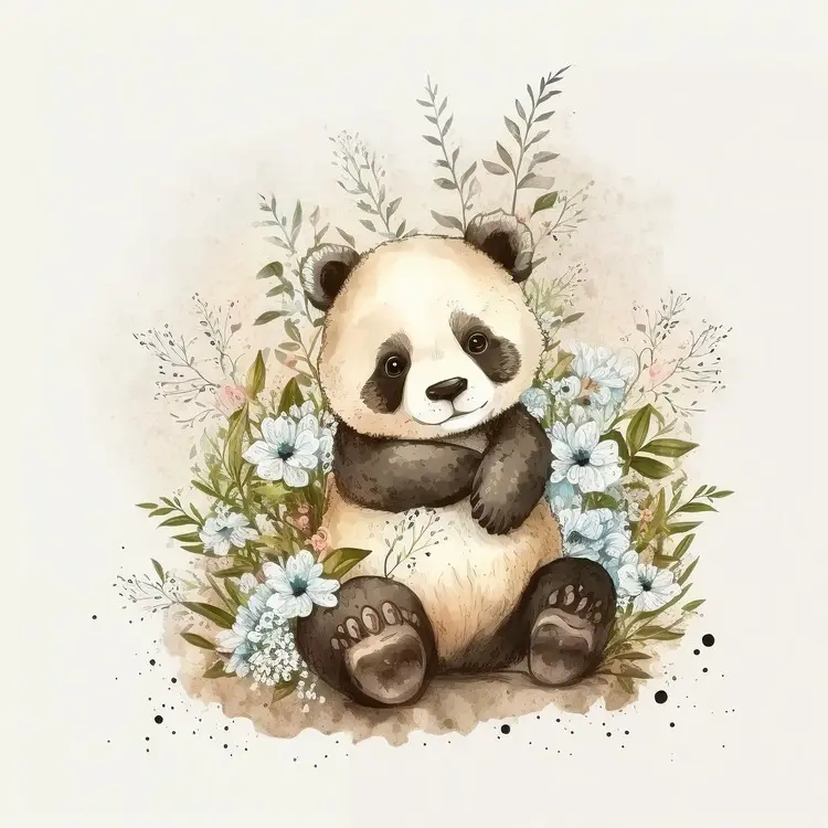 Cute Watercolor Panda with Flowers