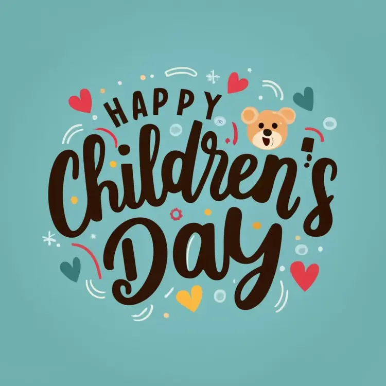 Happy Children's Day with Teddy Bear and Hearts