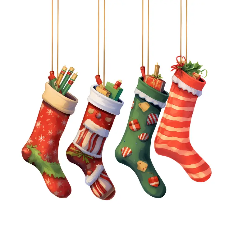 Hanging Christmas Stockings with Gifts and Ornaments