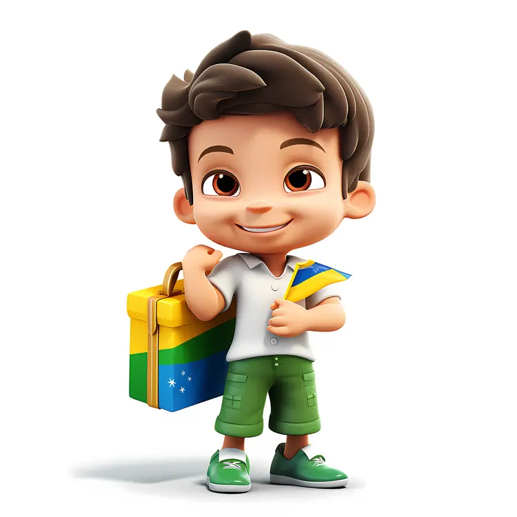 Cute Boy with Flag and Suitcase for Independence Day
