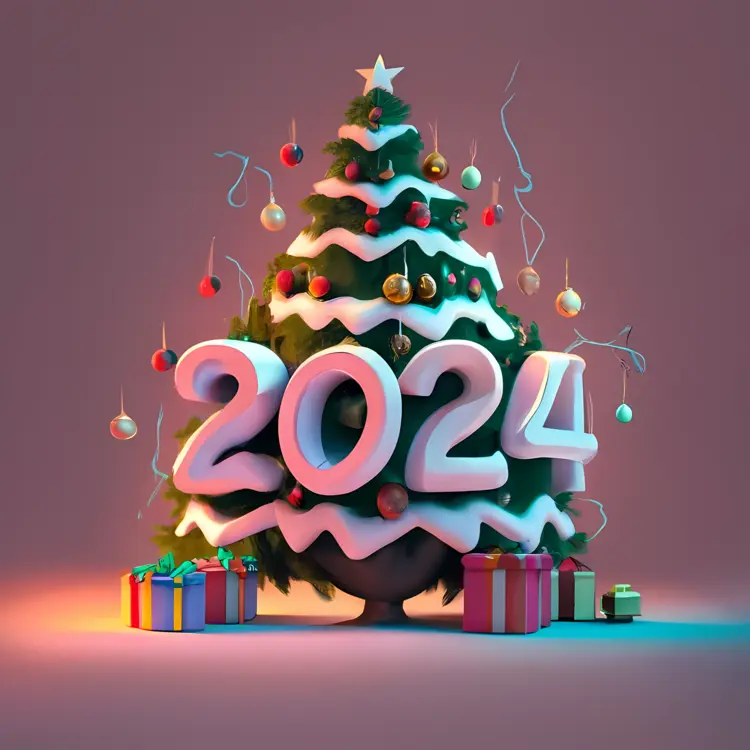 Christmas Tree with 2024 and Holiday Gifts