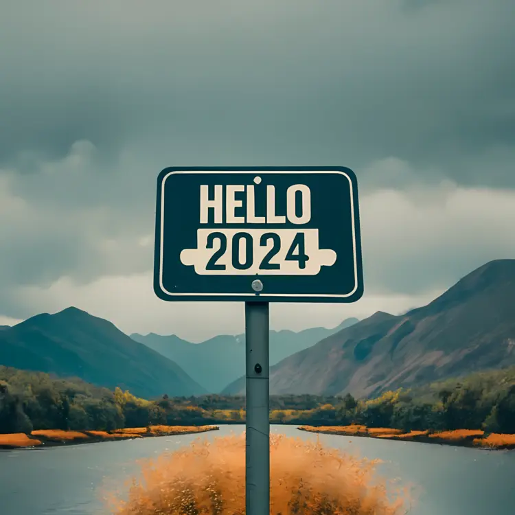 Hello 2024 Road Sign with River and Mountains
