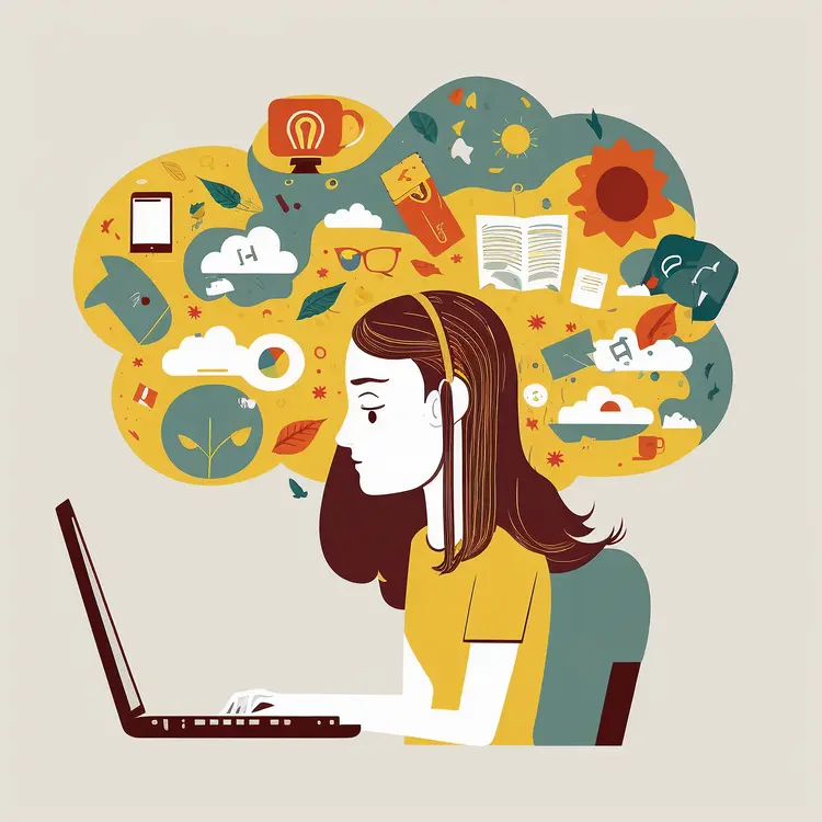 Woman Working on Laptop with Creative Thought Bubble