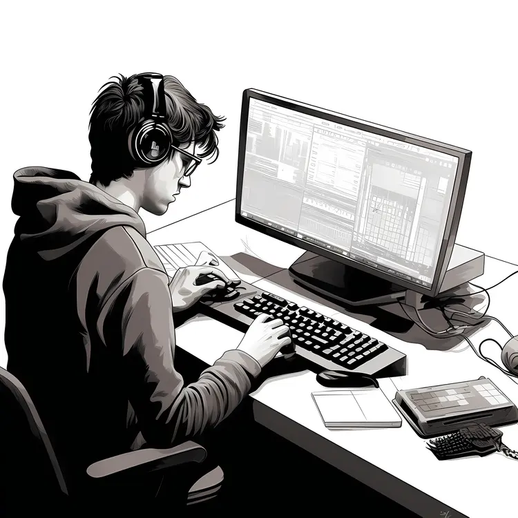 Man Working on Computer with Headphones