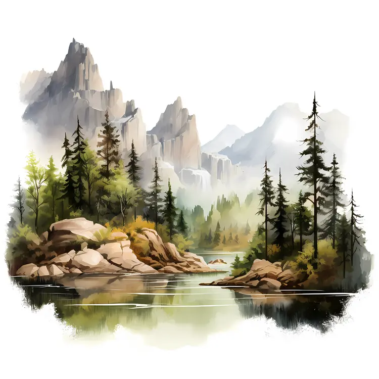 Mountain Lake with Pine Trees and Rocks