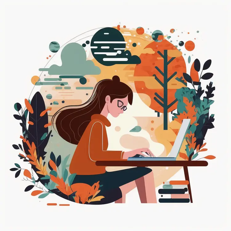 Woman Working on a Laptop in an Autumn Nature Setting