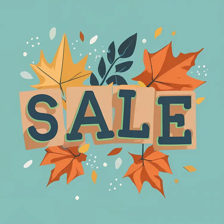 Sale Text with Autumn Leaves on Blue Background