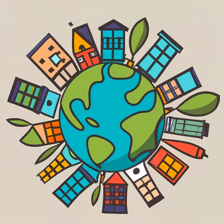 Earth Surrounded by Colorful Houses and Leaves