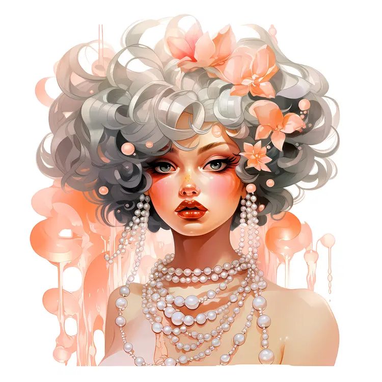 Stylish Woman with Curly Hair and Pearls