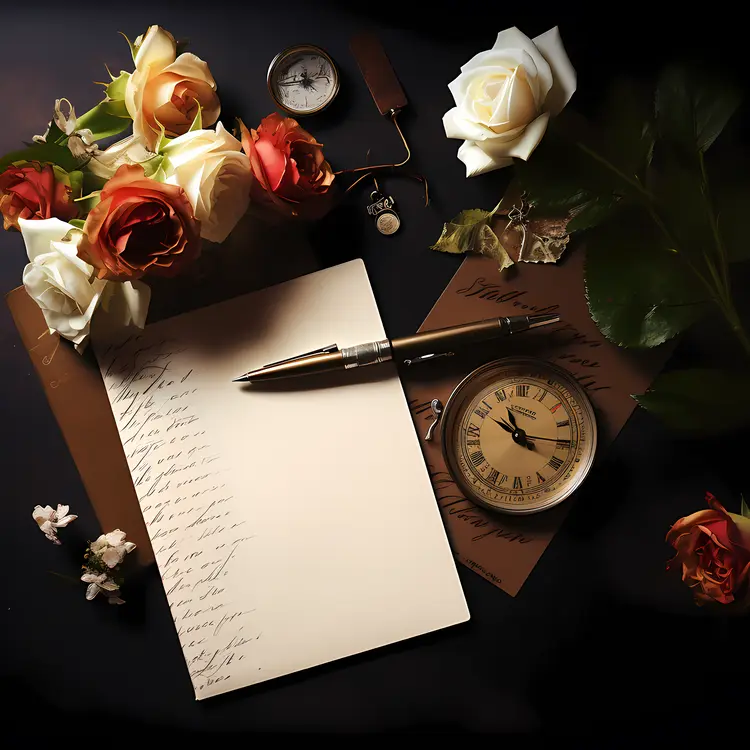 Vintage Pen and Paper with Roses and Clock