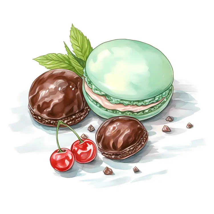 Green and chocolate macarons with cherries