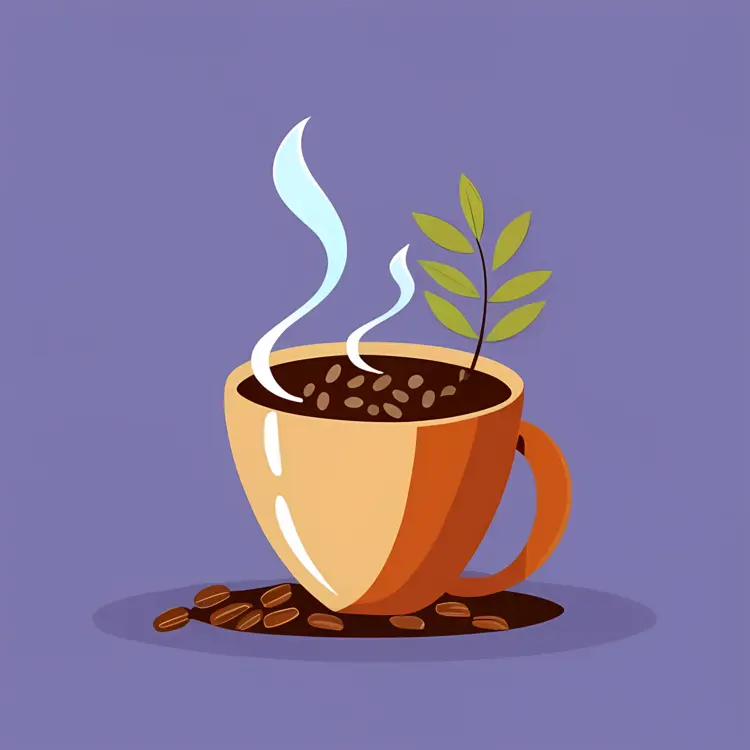 Coffee Cup with Steam and Plant