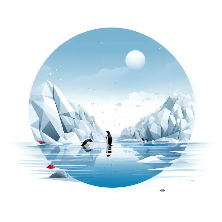 Penguins in Icy Water with Snowy Mountains