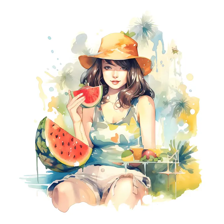 Girl Eating Watermelon in Watercolor Style