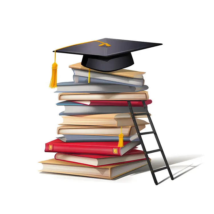 Graduation Cap on Stack of Books with Ladder