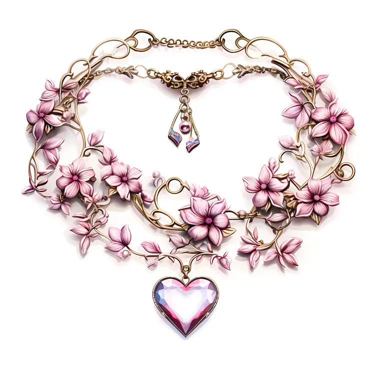 Romantic Pink Heart Necklace with Floral Design