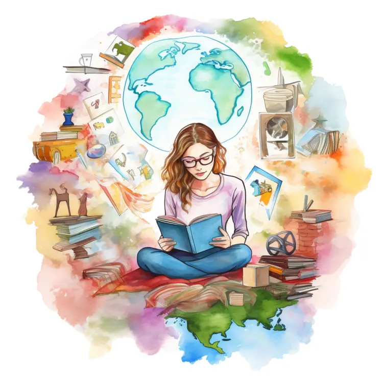 Girl Reading a Book with Educational Elements