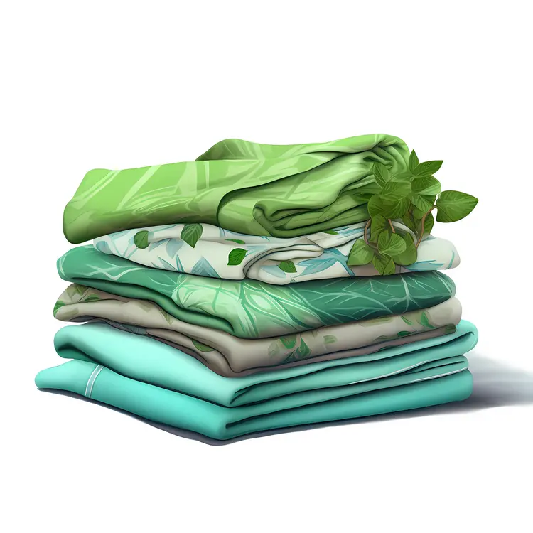 Neatly Stacked Green and Blue Folded Clothes with Leaf