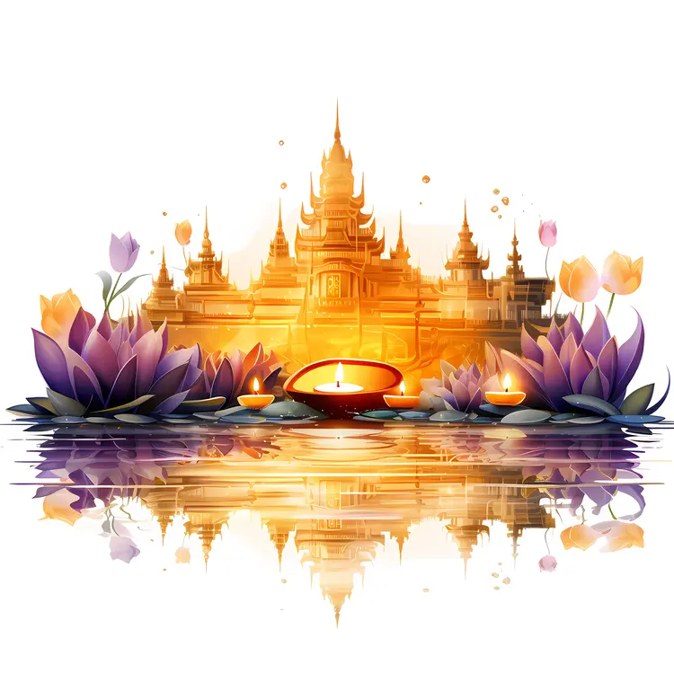 Temple with Lotus Candles and Reflection