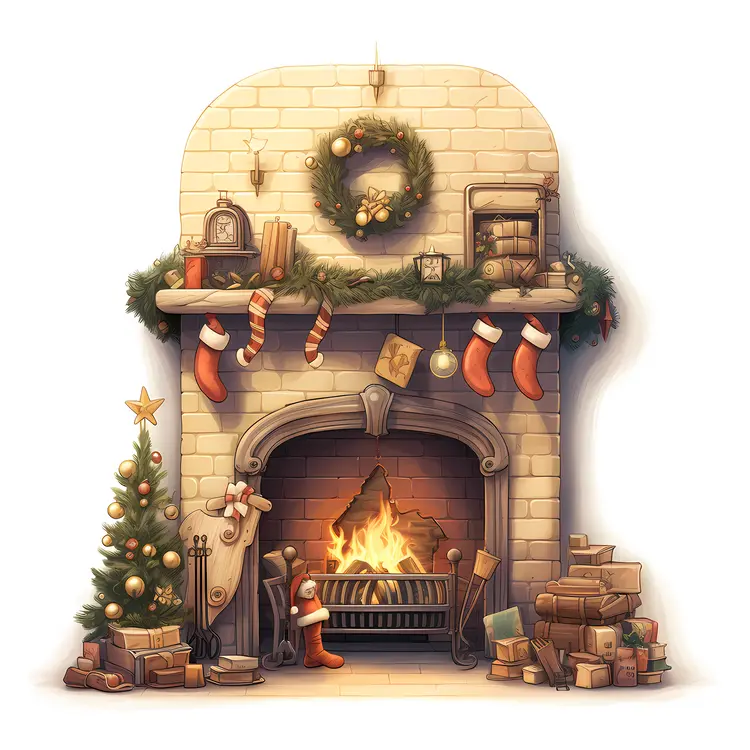 Christmas Fireplace with Stockings and Gifts