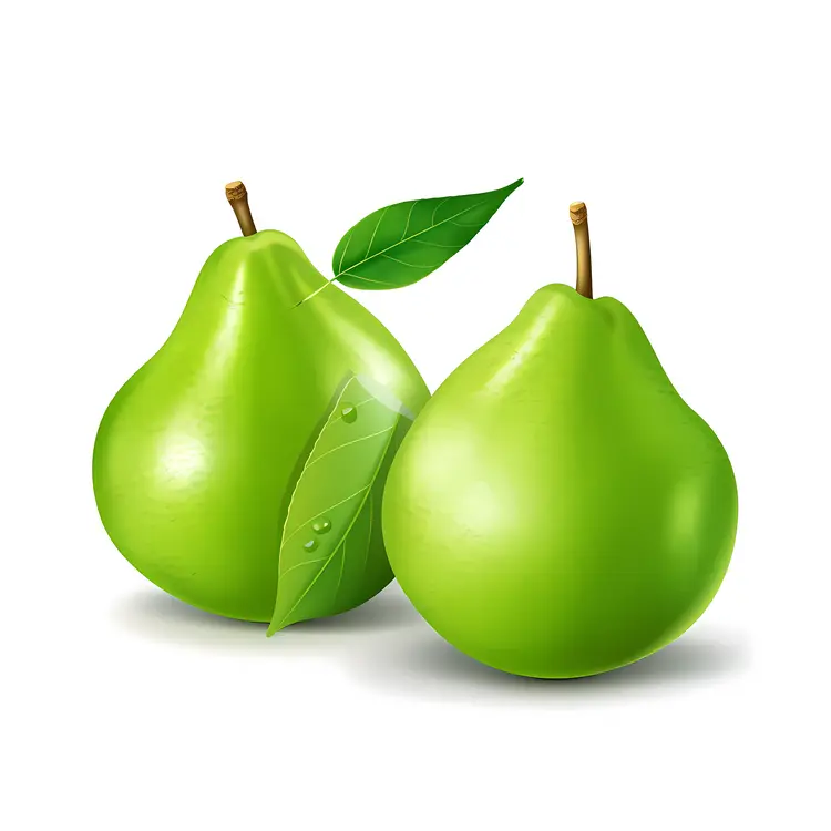 Two Green Pears with Leaf