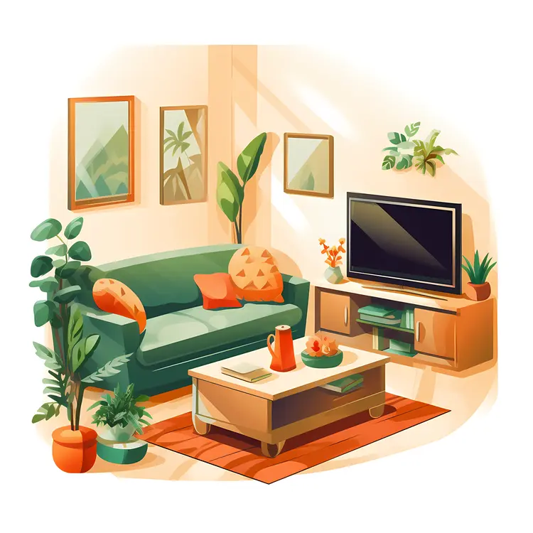 Cozy Living Room with Green Sofa and Plants