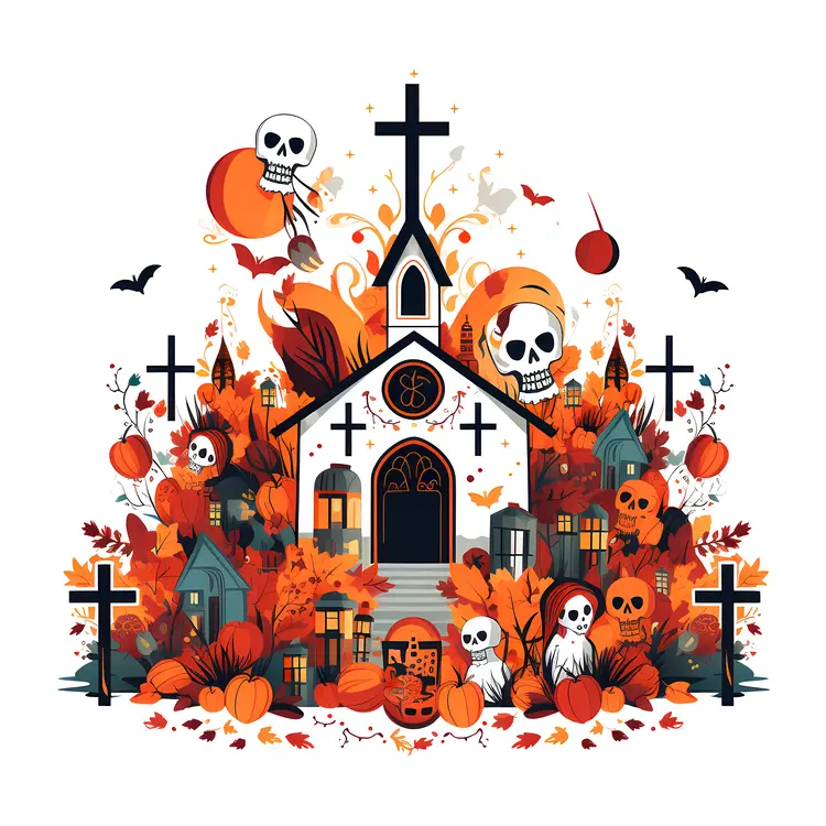 Haunted Church with Skulls and Pumpkins for Halloween